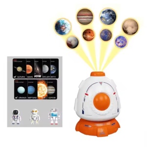 Proiector de planete cu 3 figurine, astronaut, robot si extraterestru, pentru copii 3 ani+, alb-portocaliu - Img 3