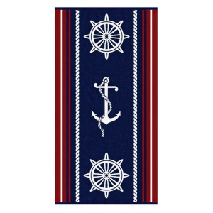 Prosop pentru Plaja, cu Ancora & Timona, din Bumbac, 150x75cm, Albastru cu Rosu - Img 1