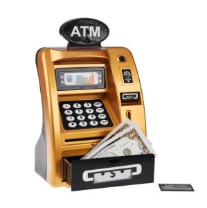 Pusculita tip Bancomat Muzicala, pentru Copii 3 ani+, cu Depunere si Retragere, ATM, Senzor de Miscare, 25x15.8x9cm, Argintiu/Auriu - Img 2