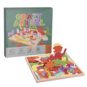 Puzzle 3D tip tetris, cu forme de animale, cu 76 de piese din lemn, pentru copii 3 ani+, 30x30x1.5 cm, multicolor - Img 2