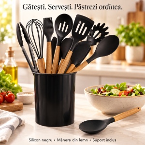 Set 12 piese ustensile de bucătărie, silicon negru, mânere din lemn, suport inclus - Img 2