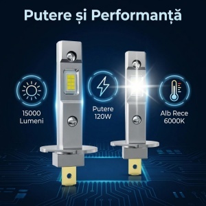 Set 2 becuri LED W H1 120W, 15000Lm, 12V, 6000K, lumina alb-rece - Img 4