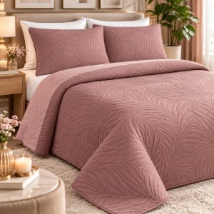 Set Cuvertură Pat 1 Persoană 160x230cm cu 2 Fețe de Pernă, 50x70cm, Model Frunze, Culoare Roz Pudrat