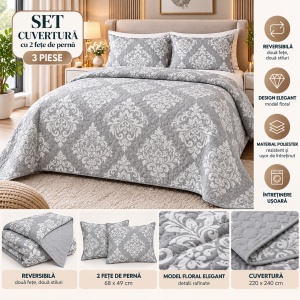 Set Cuvertură Pat 2 Persoane 220x240cm cu 2 Fețe de Pernă 49x68cm, Model floral, Culoare Gri deschis - Img 6