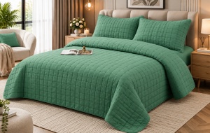 Set Cuvertură Pat Matrimonial 4 Piese Bumbac, Cuvertură 230x240 cm, Cearșaf cu Elastic 180x200 cm, 2 Fețe de Pernă 55x80 cm,Culoare Verde