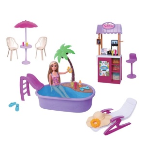 Set de joaca piscina cu sezlong, cu bar si papusa, accesorii incluse, varsta 3+ ani
