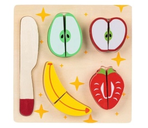 Set Fructe de Feliat si Cuțit, Lemn, 5 piese, 12luni+, 18x18 cm