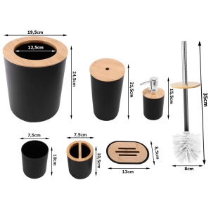 Set pentru baie 6 in 1, cu perie WC, cos gunoi, dispenser sapun, suport sapun si pahare periute dinti, plastic si bambus, negru - Img 7