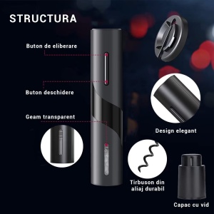 Set Tirbuson Electric, 4 in 1 cu taietor de folie, dop de vid si aerator/varsator de vin, Desfacator Pentru Vin, Premium, Multifunctional, Negru - Img 9