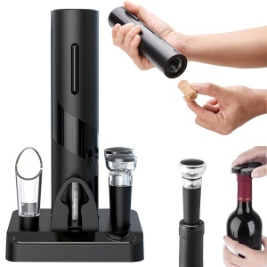 Set Tirbuson Electric cu Suport Welora®, 4 in 1 cu taietor de folie, dop de vid si aerator/varsator de vin, Desfacator Pentru Vin, Model 2023, Calitate Premium, Multifunctional, Negru - Img 2