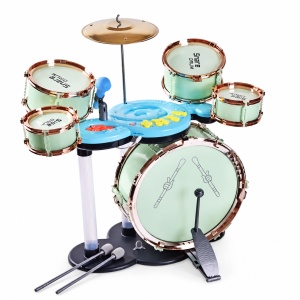 Set Tobe Jazz pentru Copii, 5 Tobe, 12 Moduri Muzicale, Lumini, Conectare Microfon și Căști, Volum Reglabil, Scăunel și Bețe, 3 Ani+, Roz/Verde