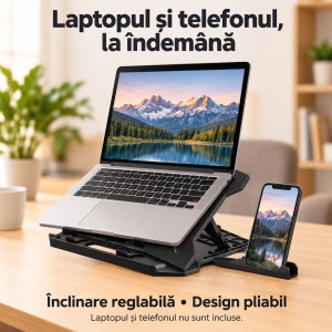 Suport laptop pliabil, 8 trepte de înclinare, Platforma perforata, Suport pentru telefon, Negru - Img 2