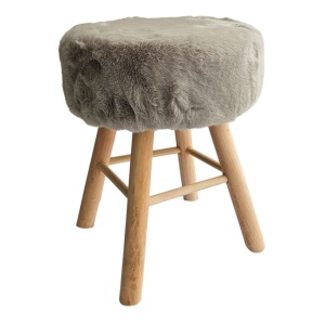 Taburet (otoman) decorativ cu cadru si 4 picioare din lemn, captusit cu tesatura cu aspect de blana cu buline , Ø32x42 cm, bej - Img 1