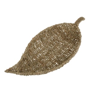 Tava decorativa in forma de frunza, din iarba de mare, cu cadru metalic, 46x20x6 cm, bej - Img 2