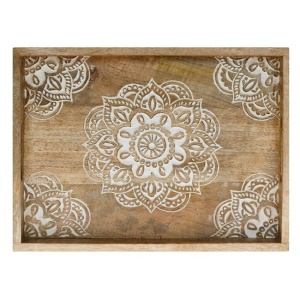 Tava decorativa pentru servit cu model sculptat de tip mandala, din lemn, 38x28x5 cm, maro - Img 2