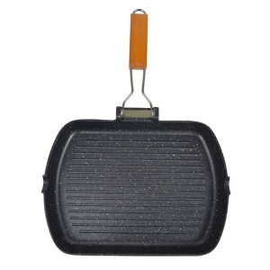 Tigaie grill din aluminiu turnat, Neaderenta, Maner pliabil, Dimensiuni 33.5x45cm, Negru