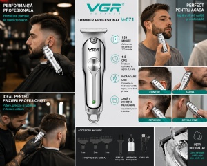 Trimmer Profesional VGR V-071, Lama T din Otel Inoxidabil, Autonomie 120 Minute, Incarcare USB, 3 Piepteni Inclusi, Argintiu - Img 2