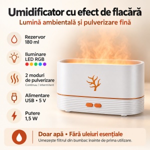 Umidificator de aer cu efect de flacără LED RGB, 180 ml, Alimentare USB, 2 moduri de pulverizare, Alb - Img 2