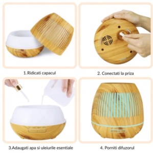Umidificator difuzor aromaterapie cu uleiuri esentiale 400ml, LED 7 culori, timer, ultrasunete, de culoarea lemnului - Img 5