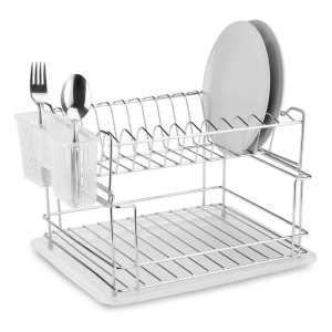 Uscator de vase, din metal, pe 2 nivele, cu tava si suport tacamuri, dimensiuni 36x29x22cm, argintiu - Img 1