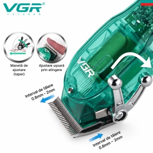 Aparat de tuns Profesional VGR V-660, Autonomie 200 Minute, Lama din Otel Inoxidabil, USB, Reglaj 0.8-12 mm, Afisaj LED, Transparent Verde - Img 3