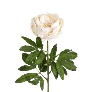 Bujor artificial cu tulpina lunga, frunze verzi, 70 cm, crem/verde - Img 1