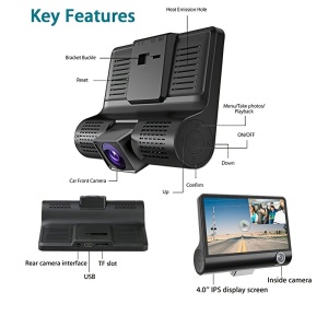 Camera auto cu ecran de 4 inchi, HD 1080px, cu 2 camere frontale si 1 camera marsarier, senzor de miscare si impact, port USB, micofon, negru - Img 10