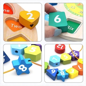 Ceas educativ din lemn, 3 in 1, pentru copii 3 ani+, diametru 22 cm, multicolor - Img 3