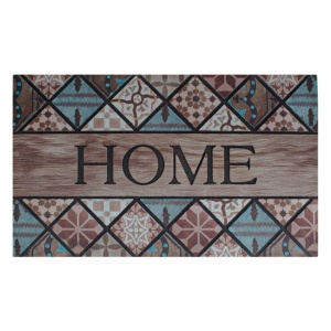 Covoras pentru intrare din cauciuc cu suprafata textila, cu model tiles si mesajul HOME, 75x45 cm, bej - Img 1