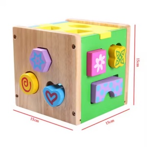 Cub educativ, de sortare forme si cifre, pentru copii 1 an+, din lemn, 15x15 cm, multicolor - Img 4