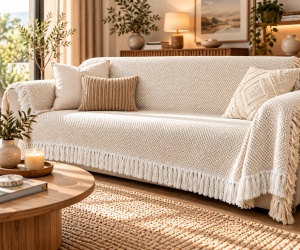 Cuvertura decorativa pentru canapea cu doua locuri, Model cu franjuri, Dimensiune 230x180 cm, Crem/Alb