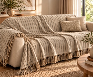 Cuvertura decorativa pentru canapea cu trei locuri, Model cu franjuri si dungi, Dimensiune 280x180 cm, Culoare Bej - Img 2
