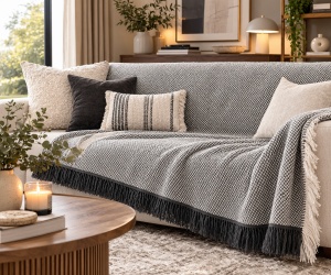 Cuvertura decorativa pentru canapea cu trei locuri, Model cu franjuri albe si antracit, Dimensiune 340x180 cm, Gri