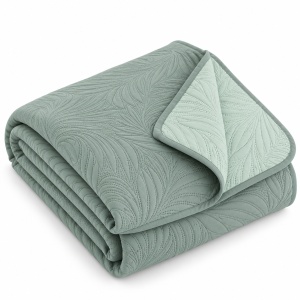 Cuvertura pentru pat dublu cu doua fete, Model frunze, Dimensiune 160x230 cm, Culoare verde menta