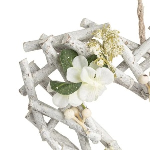 Decoratiune suspendabila in forma de inima, din lemn si flori, 30x5x29 cm, alb - Img 2