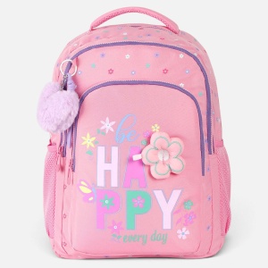 Ghiozdan Fete Scoala Primara Roz Puffy cu Floare, Breloc Inima cu Pompon, Compartiment Laptop, Spate Ergonomic, 23L, 30x17x41 cm