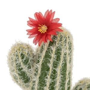 Ghiveci decorativ cu cactus artificial, cu floare rosie, 25 cm, verde/maro - Img 2