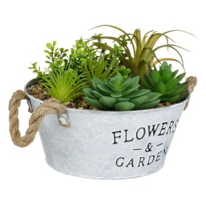 Ghiveci decorativ metalic, cu plante suculente artificiale, Ø18x16.5cm, alb/verde - Img 2