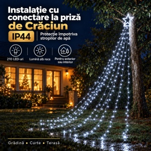Instalație de Crăciun tip brad cu stea, 210 LED-uri, Lungime 2,5 m, Lumină caldă, rece sau multicoloră - Img 9