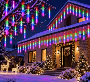 Instalatie de Craciun tip meteoriti cazatori, 8 turturi x36 LED, Lumina Multicolora