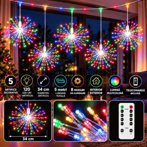 Instalatie LED cu 5 Artificii Decorative, Lungime 5m, 600 LED, 8 Moduri de Iluminare, Interior/Exterior, IP44, Alb Cald/Alb Rece/Multicolor - Img 8