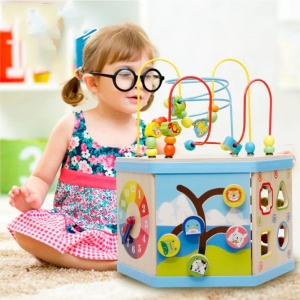 Jucarie educativa din lemn, Montessori, Hexagon cu activitati, 8 in 1, copii 1-6 ani, 30x38 cm, multicolor - Img 1