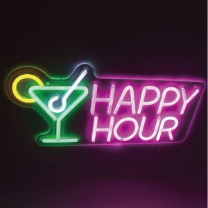 Lampa LED neon colorat, model cu scris "Happy Hour" Cocktail, Cablu de 1.8M inclus, Dimensiune 43x21 cm