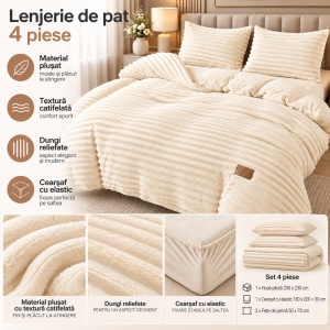 Lenjerie de Pat Matrimonială, 4 Piese, Material Plușat cu Textură Catifelată, Model cu Dungi Reliefate, Cearșaf cu Elastic, Culoare Ivoire - Img 2