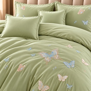 Lenjerie de Pat Matrimonială din Bumbac Satinat, 6 Piese, Cearșaf cu Elastic, Broderie Fluturi,Culoare Verde salvie - Img 3