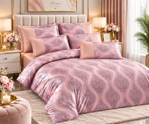 Lenjerie de pat premium din catifea pentru pat dublu, 6 Piese, Model Elegant Roz Pudrat