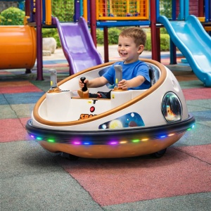 Masinuta electrica Bumper Car pentru copii, 2 joystick-uri, rotire 360°, lumini LED, centura siguranta, Crem/Alb - Img 2