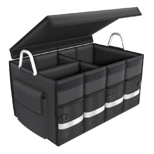 Organizator portbagaj auto, pliabil, cu capac, 3 compartimente mari si buzunare, manere, impermeabil, 60L, 60x35x30cm, negru - Img 1