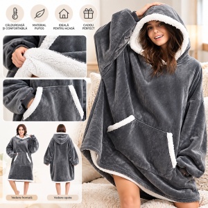 Patura Hanorac Oversize cu Gluga si Buzunar, Captuseala Pufoasa, Moale si Calduroasa, Unisex - Img 6