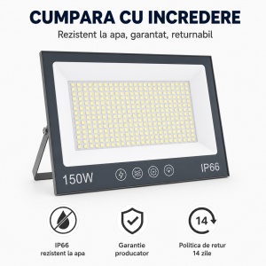 Proiector cu LED-uri de 150W, 15000LM, pentru exterior sau interior, IP66, din sticlă mată anti-orbire - Img 5